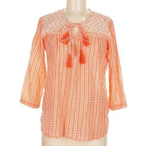 Oliphant Orange and White Tassle Tie Patterned Blouse size Medium Bohemian